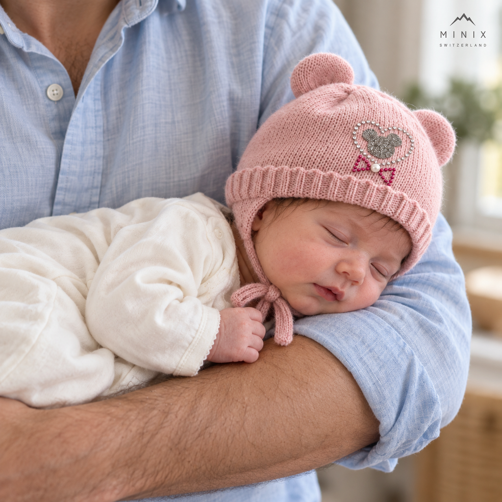 Baby wearing the dusty rose MINIX knitted cap with ears and sparkle heart