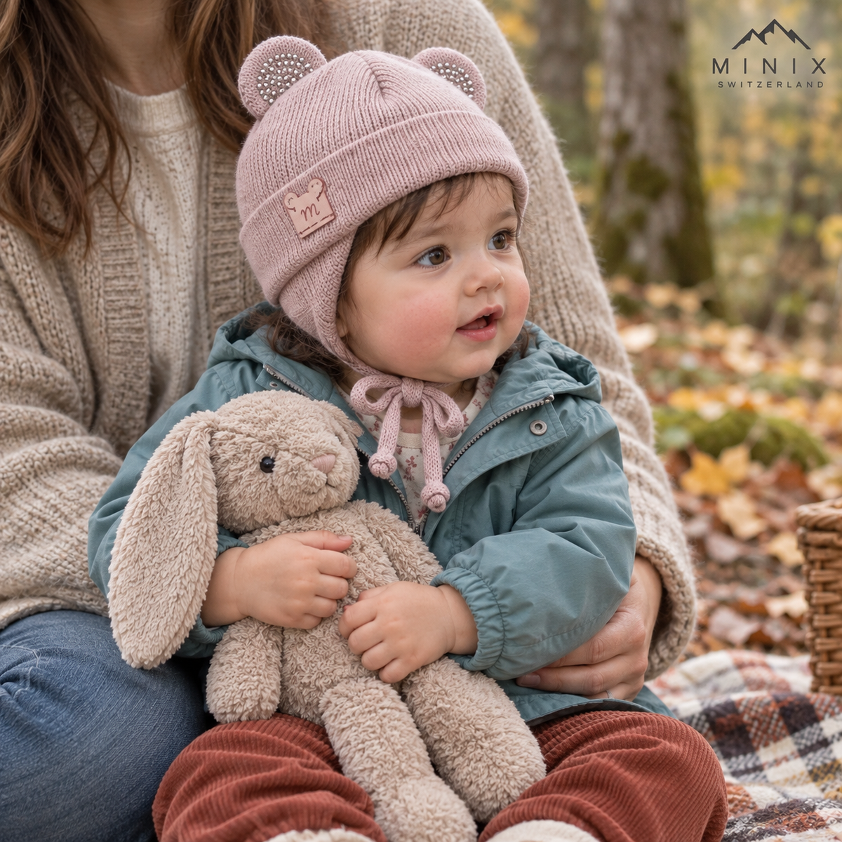 Baby wearing the dusty rose MINIX knitted cap with sparkle ears