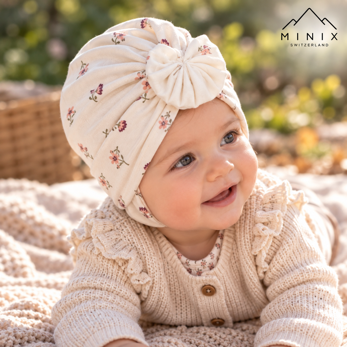 Baby wearing the cream MINIX cotton turban cap with floral print and bow