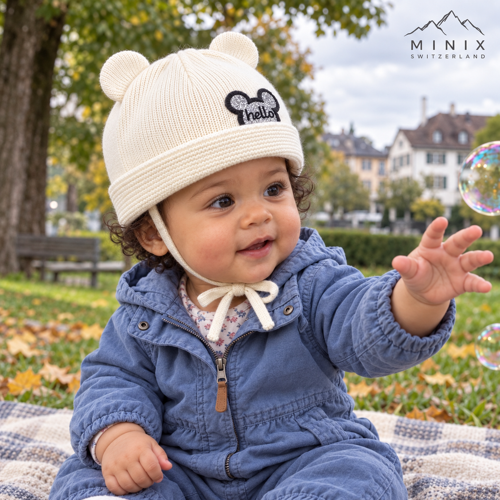 Baby wearing the cream MINIX knitted cap with bear ears and hello patch