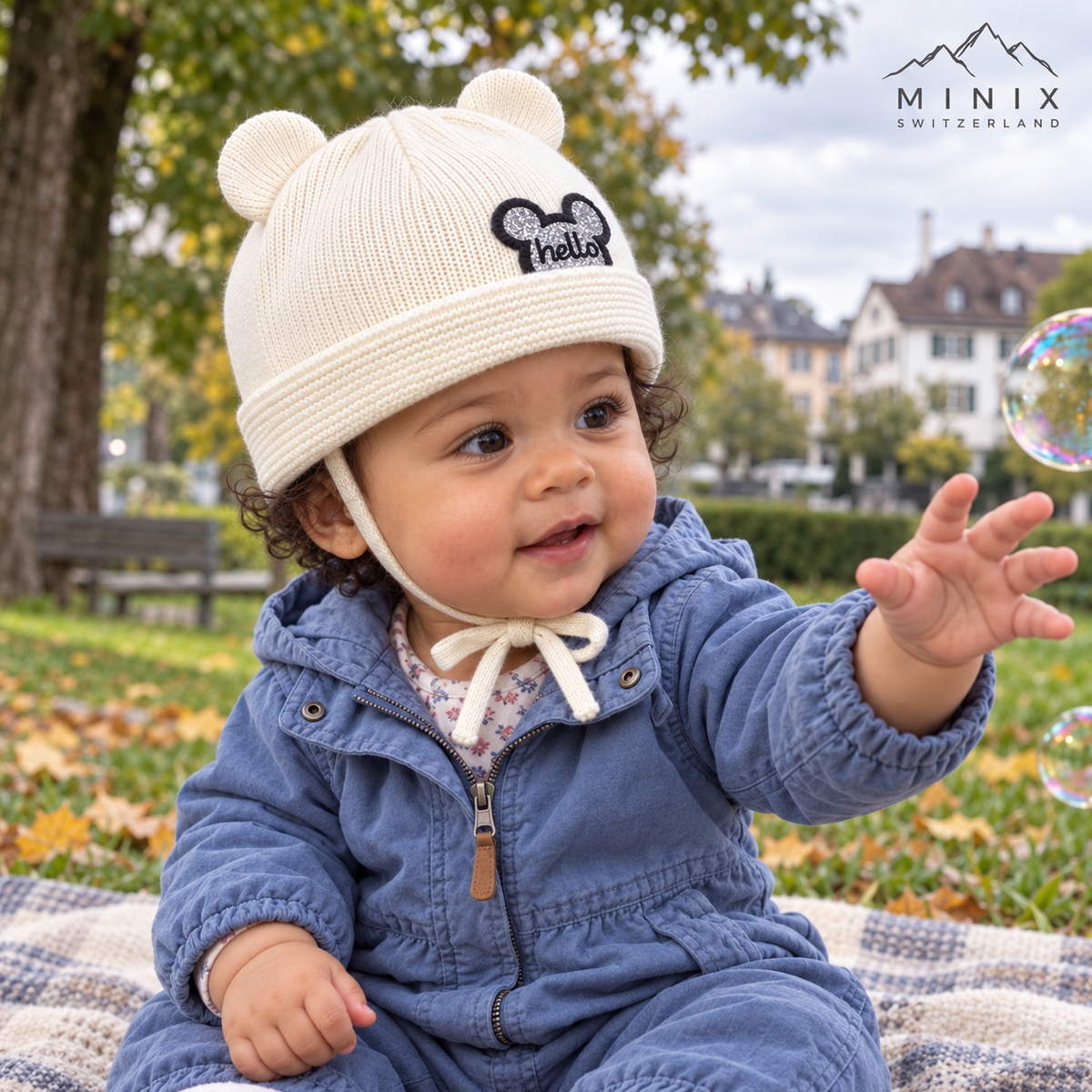 Baby wearing the cream MINIX knitted cap with bear ears and hello patch
