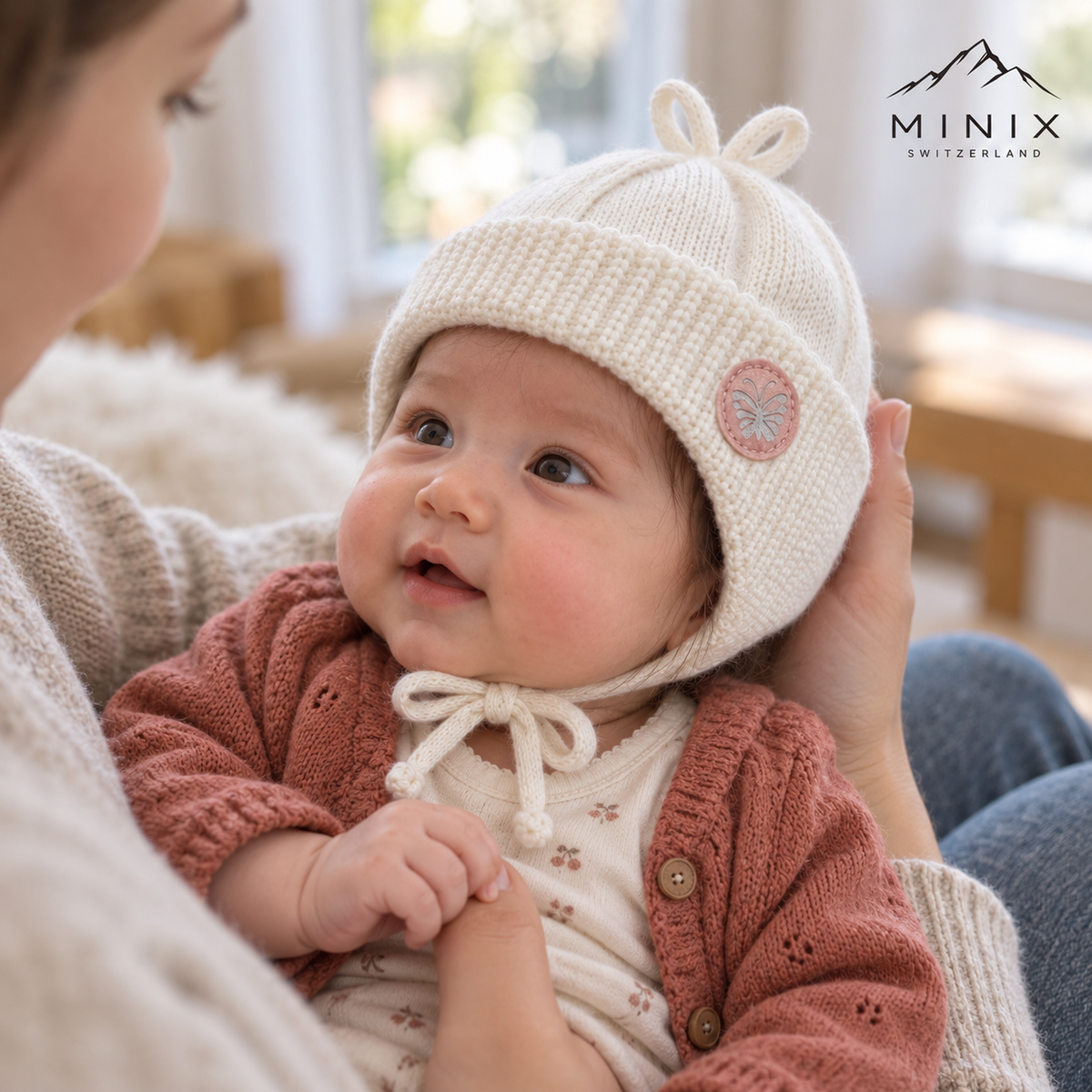 Baby wearing the cream MINIX knitted cap with pink butterfly patch