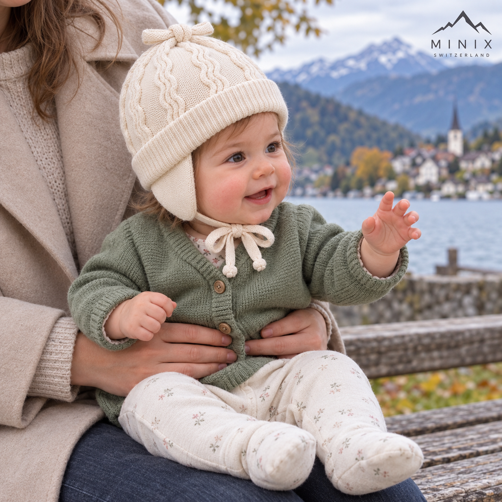 Baby wearing the cream MINIX wave-knit cap with bow and ear flaps