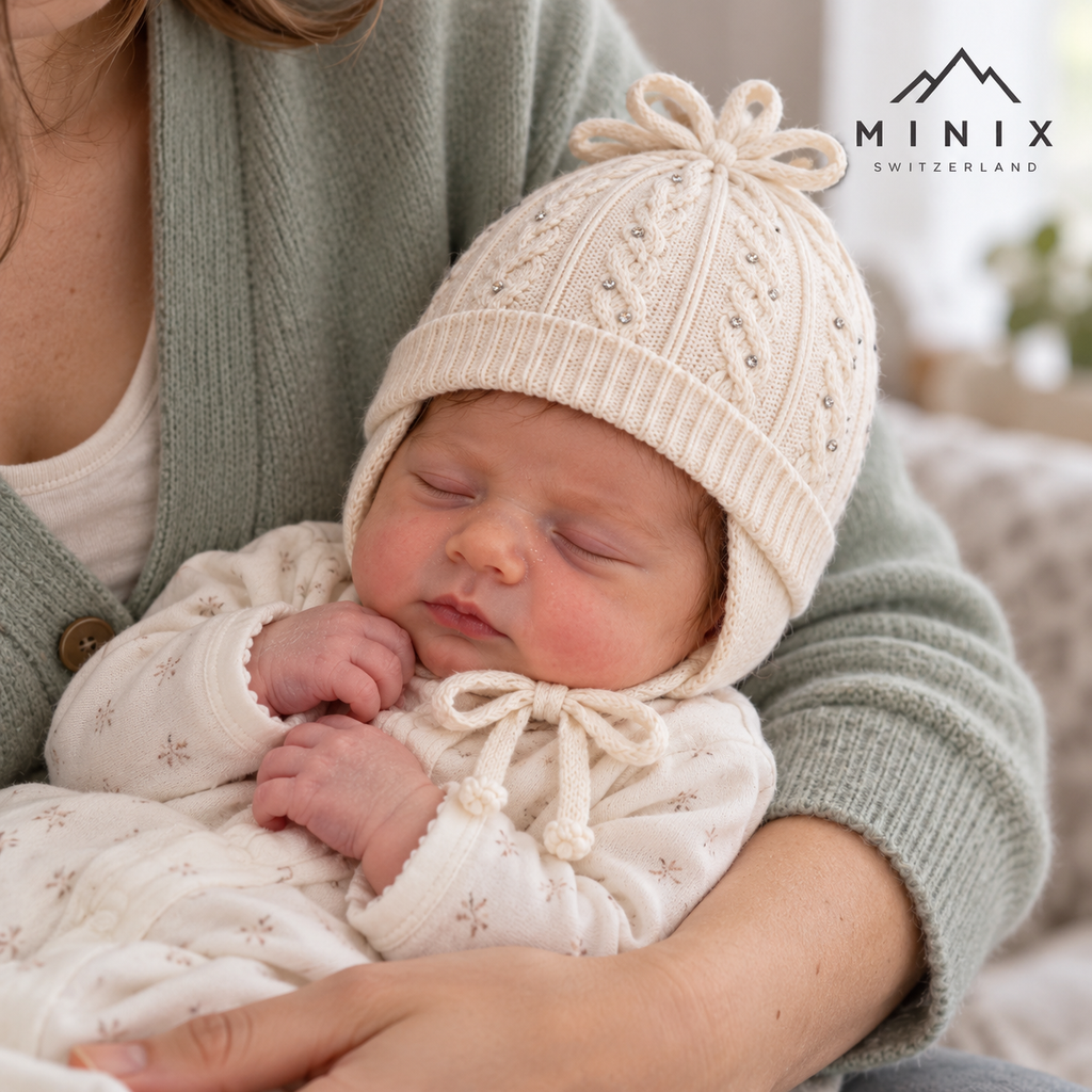 Baby wearing the cream MINIX cable-knit cap with bow, rhinestones and ear flaps