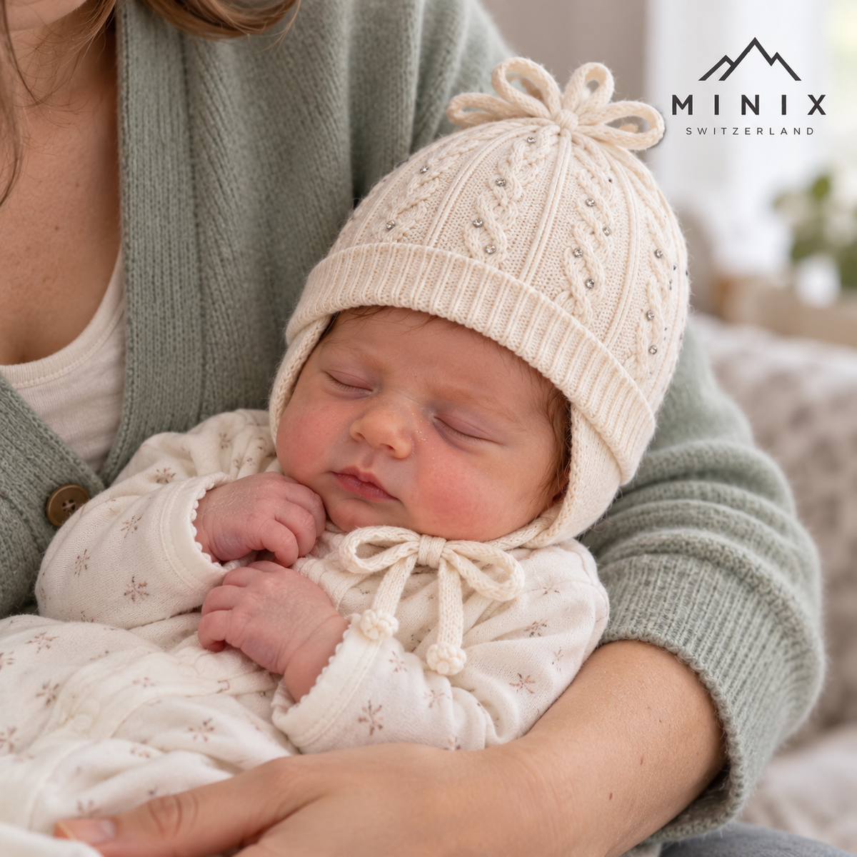 Baby wearing the cream MINIX cable-knit cap with bow, rhinestones and ear flaps