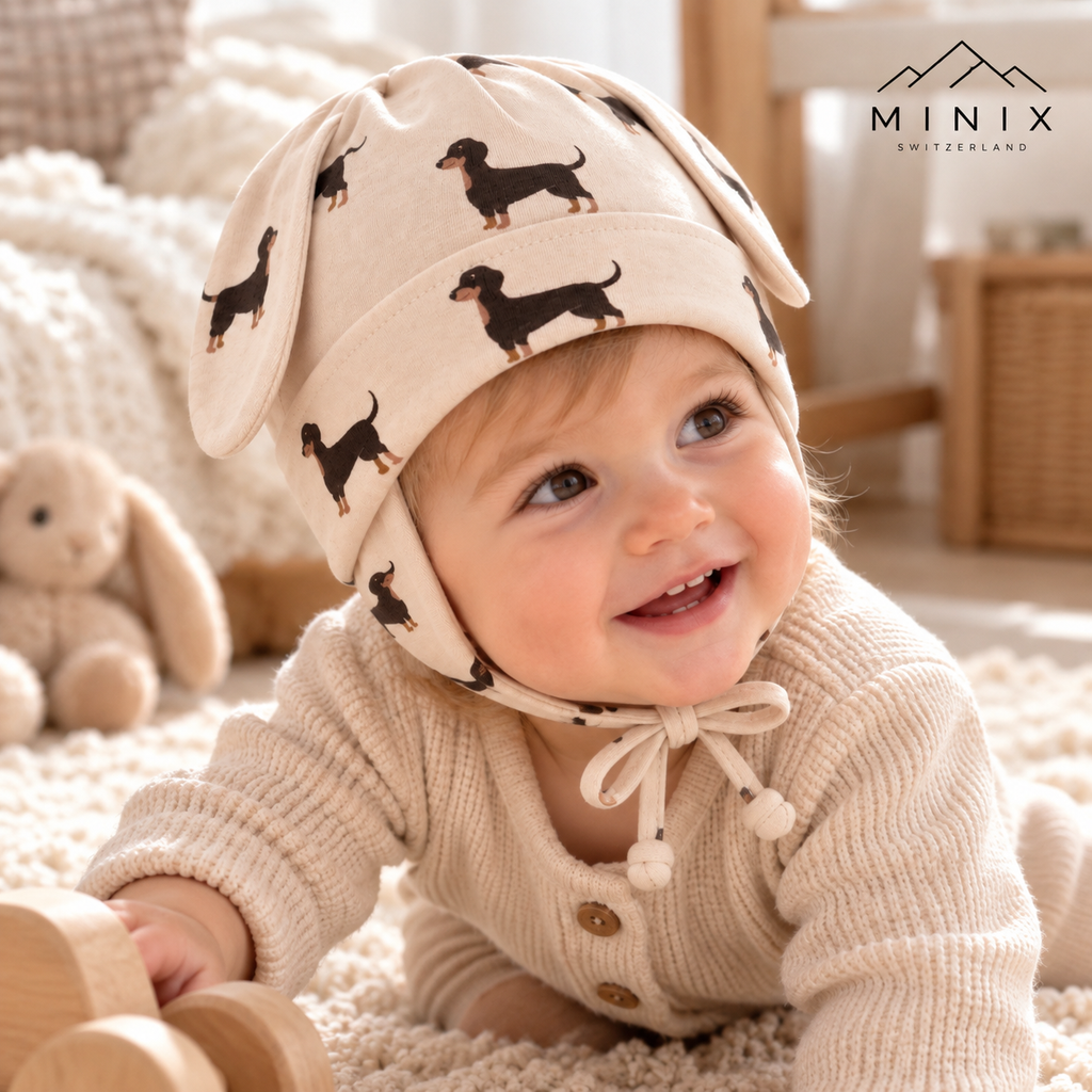 Baby wearing the beige MINIX cotton cap with dachshund print and puppy ears