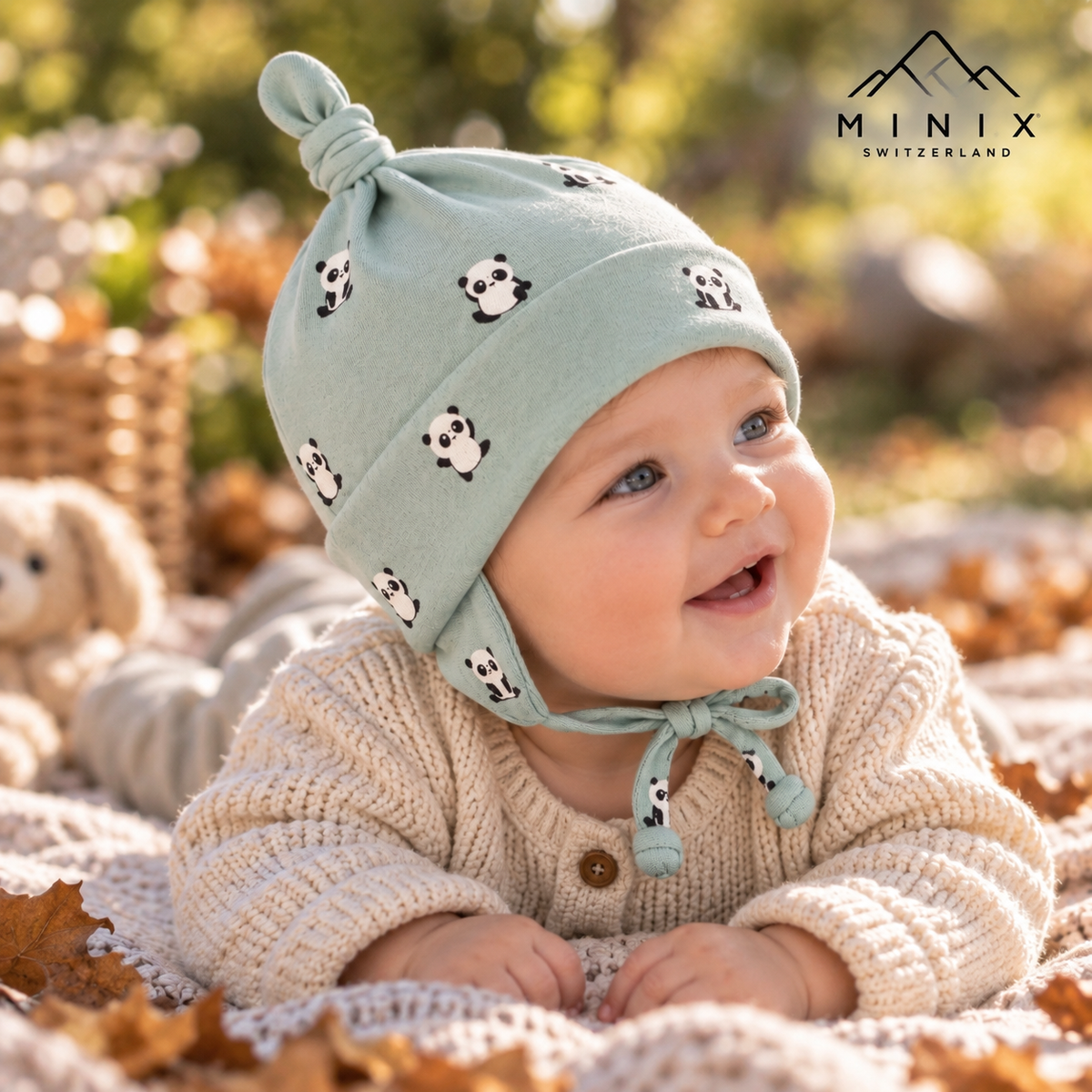 Baby wearing the mint green MINIX cotton knot cap with panda print