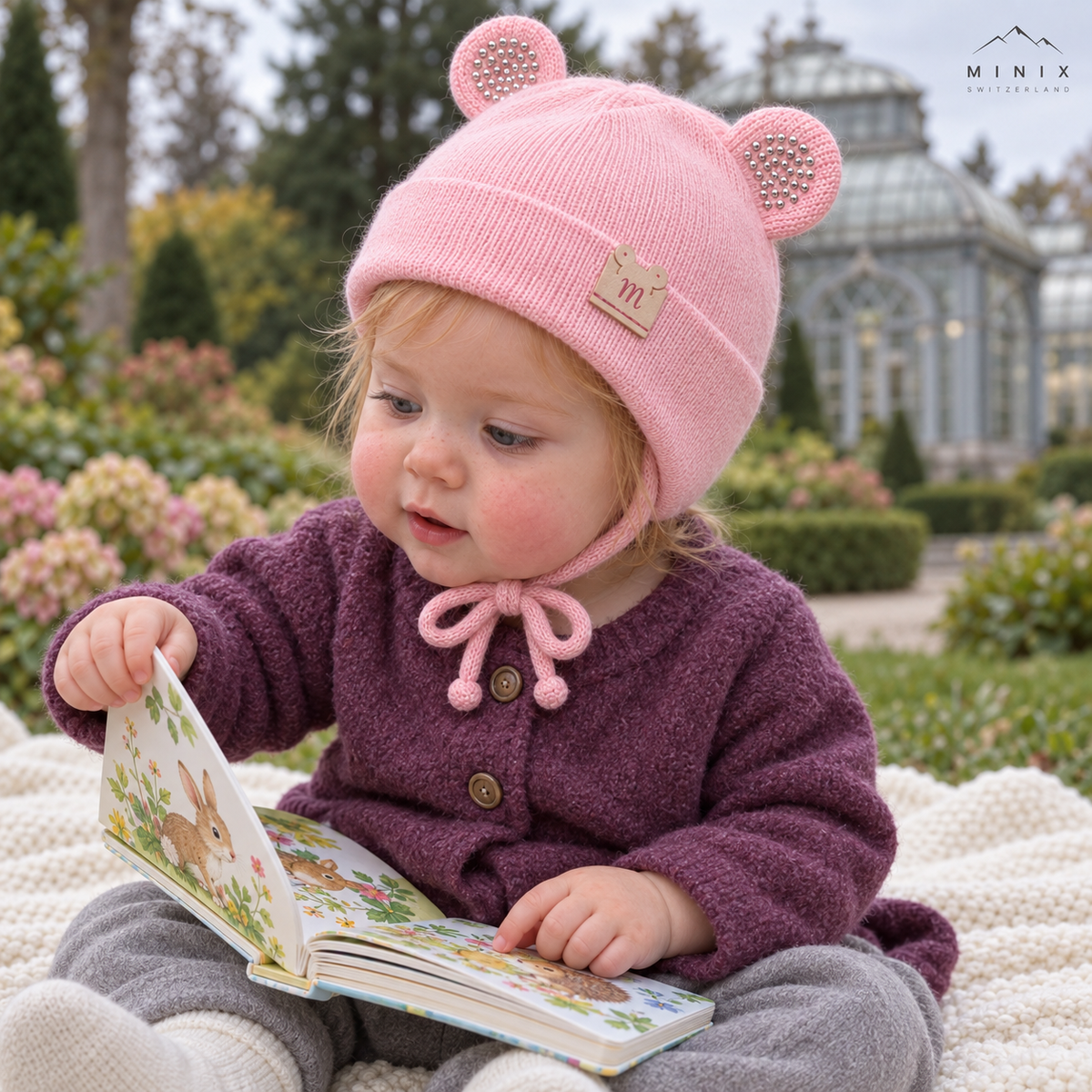 Baby wearing the pink MINIX knitted cap with sparkle ears
