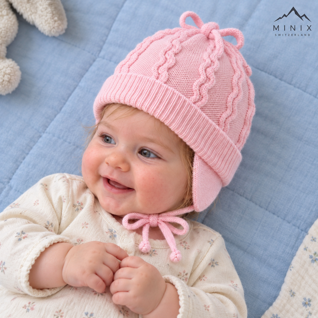 Baby wearing the pink MINIX wave-knit cap with ear flaps and ties