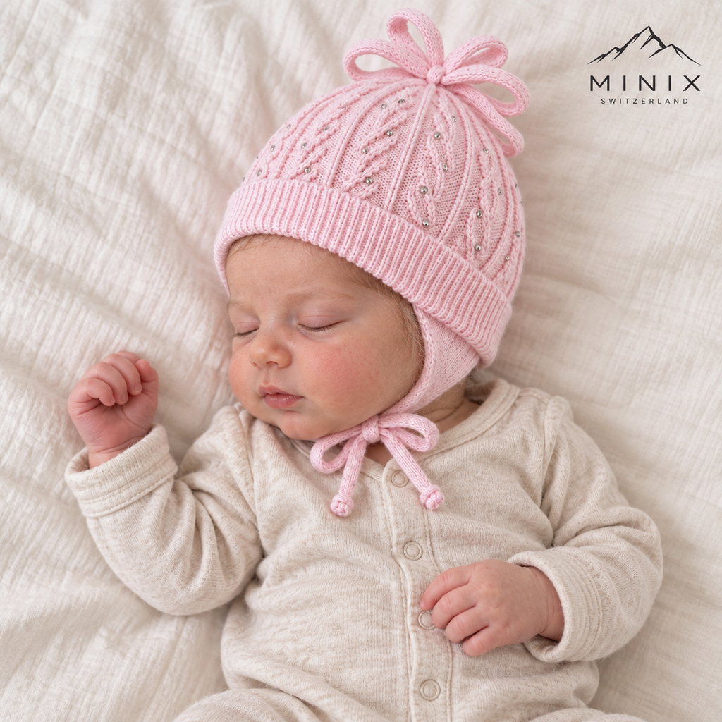 Baby wearing the light pink MINIX cable-knit cap with bow and rhinestones