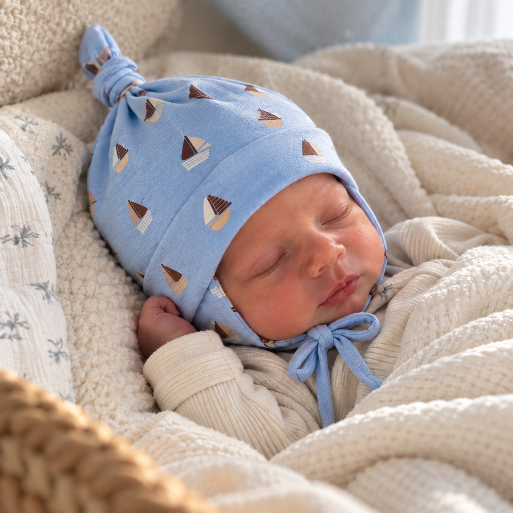 Baby wearing the light blue MINIX cotton knot cap with sailboat print