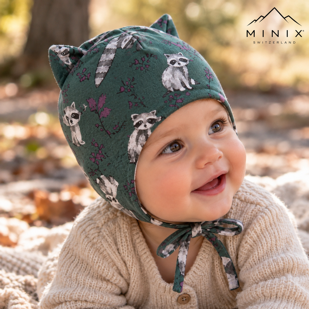 Baby wearing the dark green MINIX cotton cap with raccoon print and ears