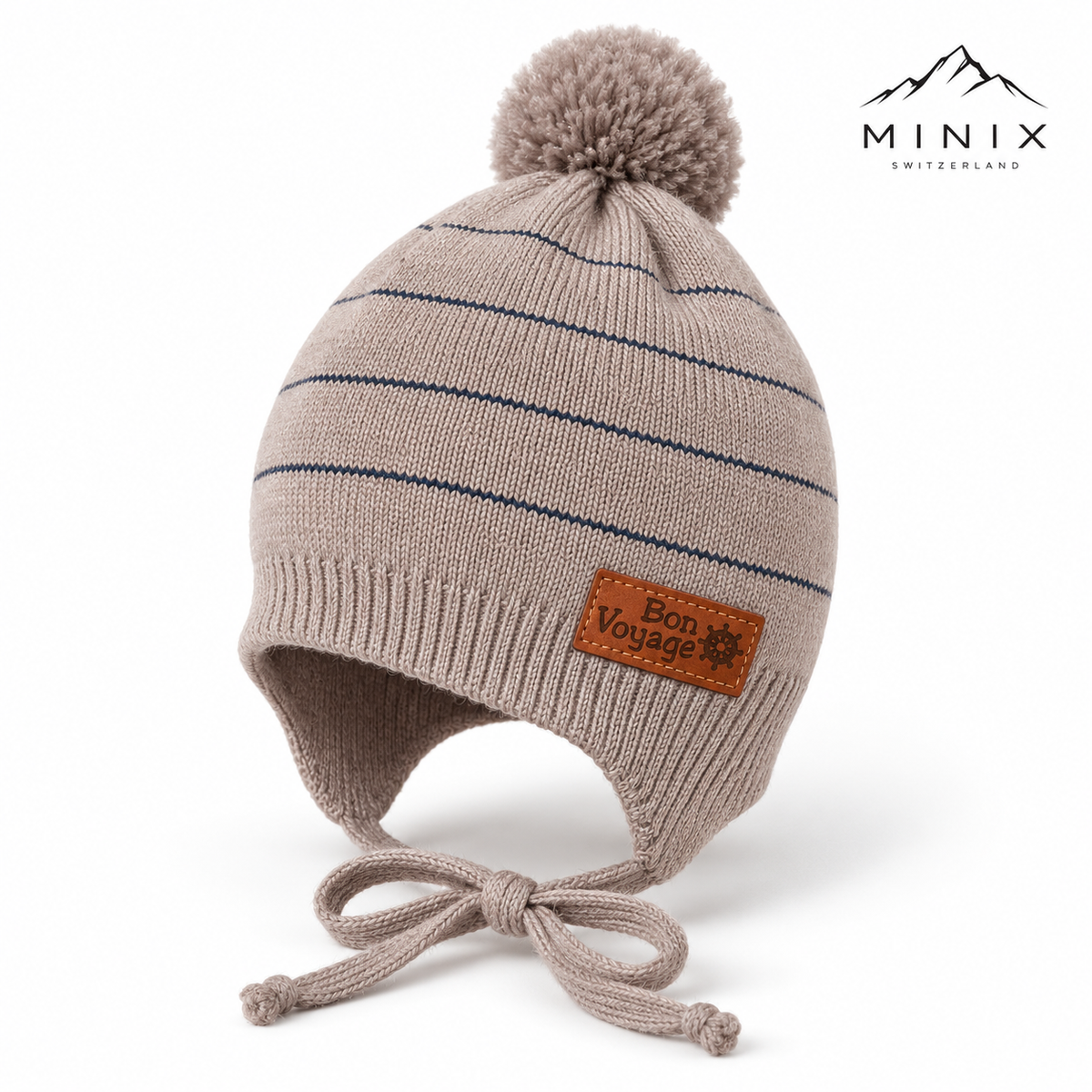 Beige striped knit baby boy cap with pompom and bow ties – angled view