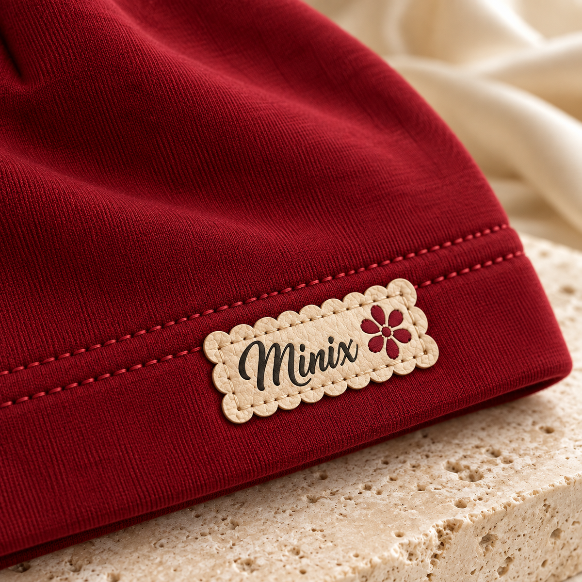 Close-up of the scalloped MINIX label with flower on a burgundy kids cotton beanie