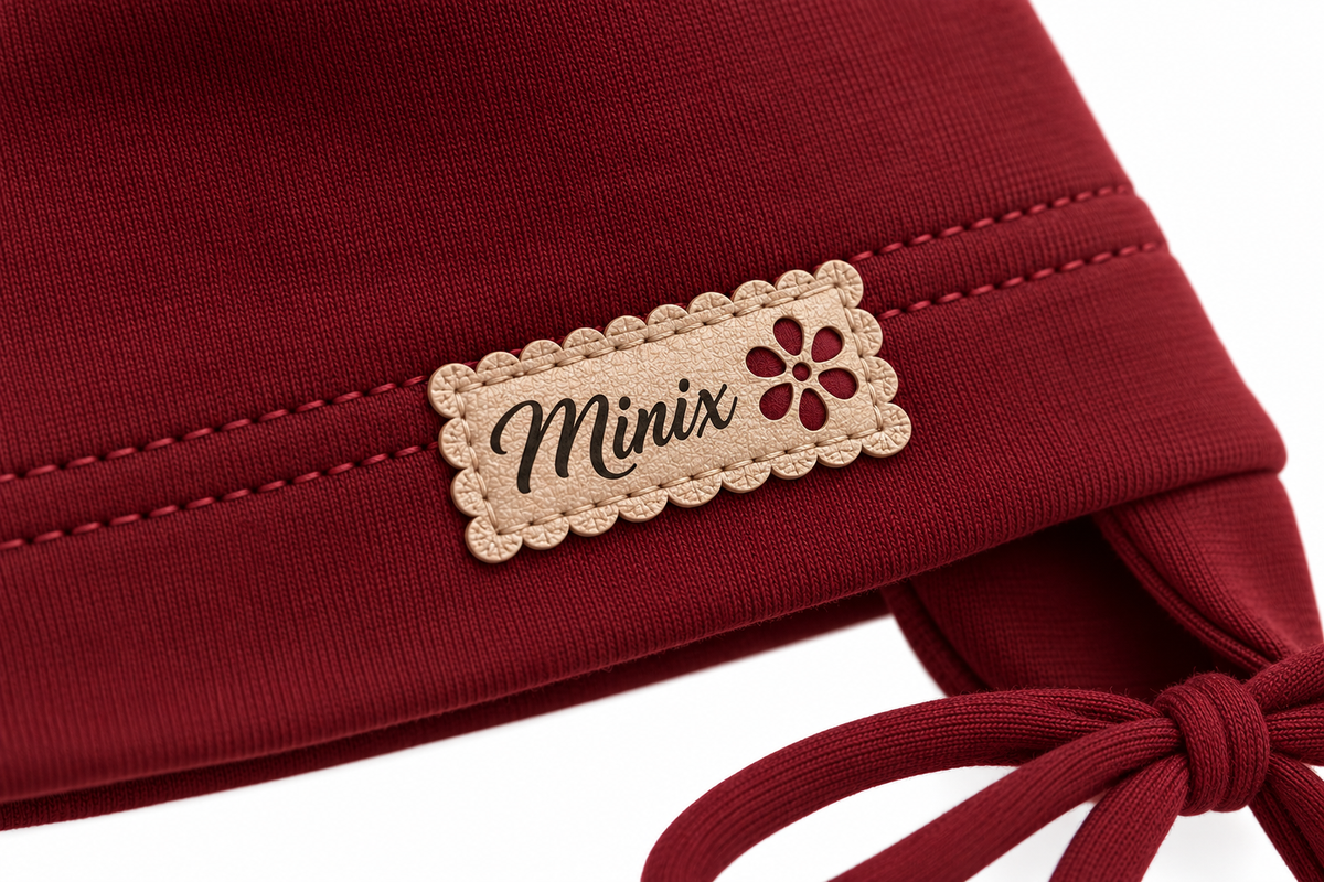 Close-up of the scalloped MINIX label with flower on a burgundy kids cotton cap