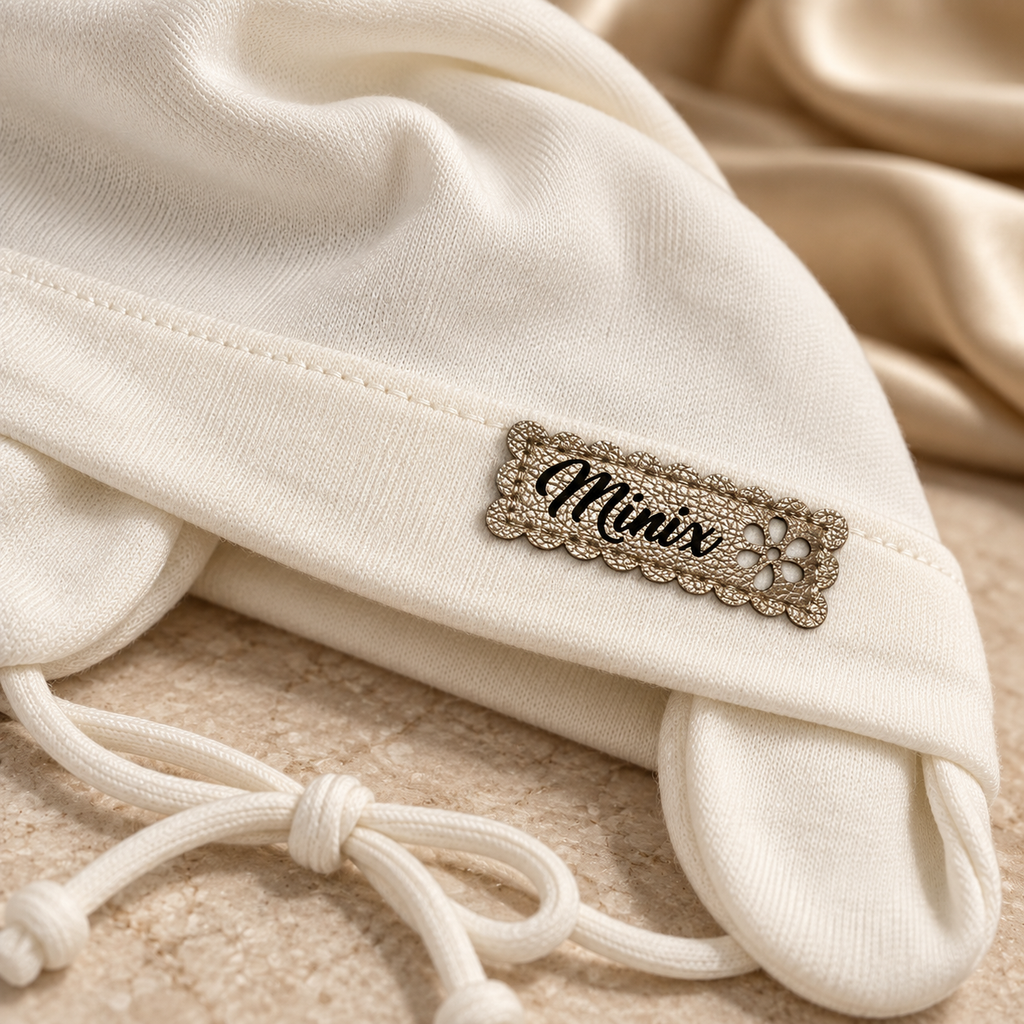 Close-up of the gold scalloped MINIX label with flower on a cream kids cotton cap