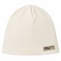 Cream girls cotton beanie with gold scalloped MINIX label – front view
