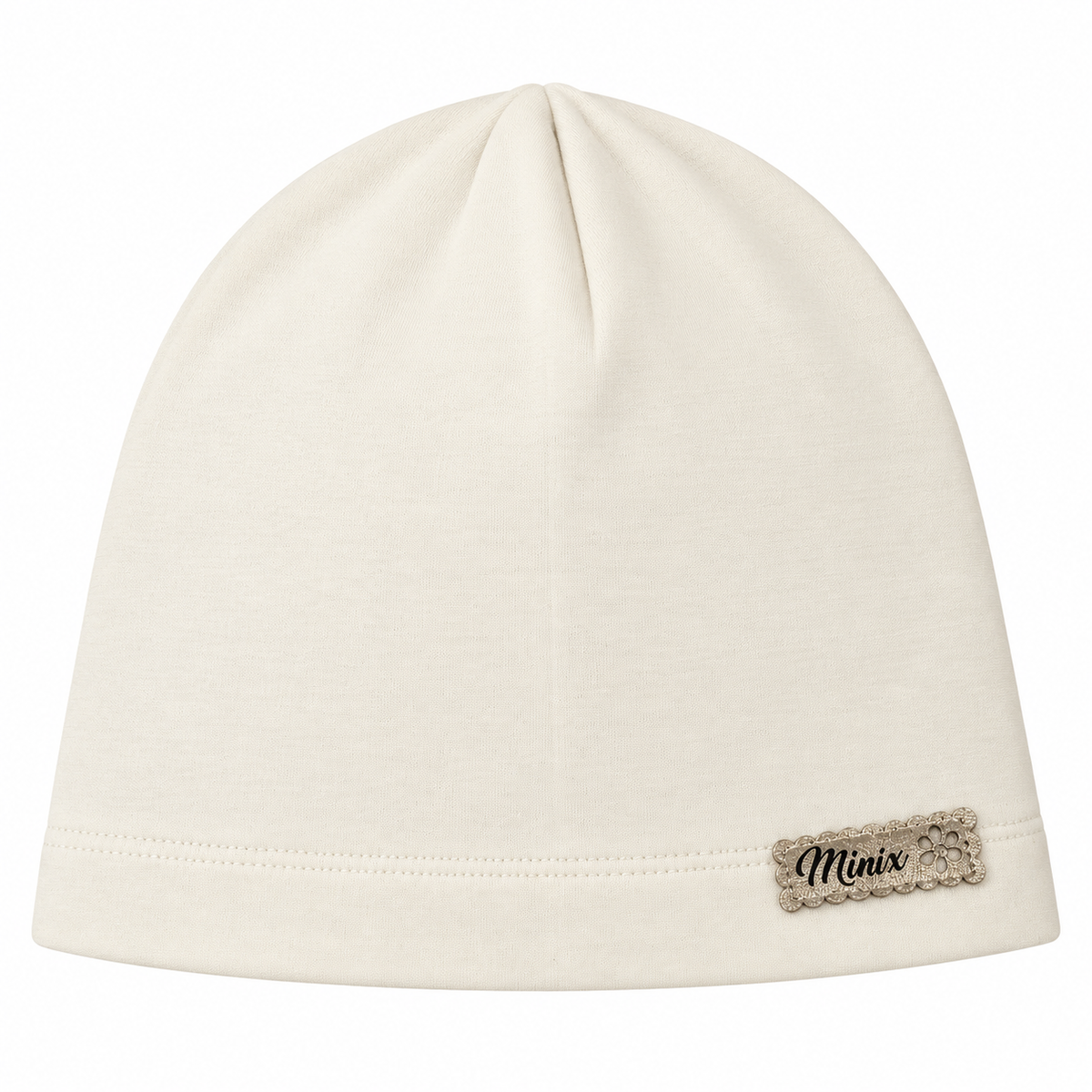 Cream girls cotton beanie with gold scalloped MINIX label – front view