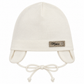 Cream girls cotton cap with ear flaps, tie strings and gold MINIX label – front view