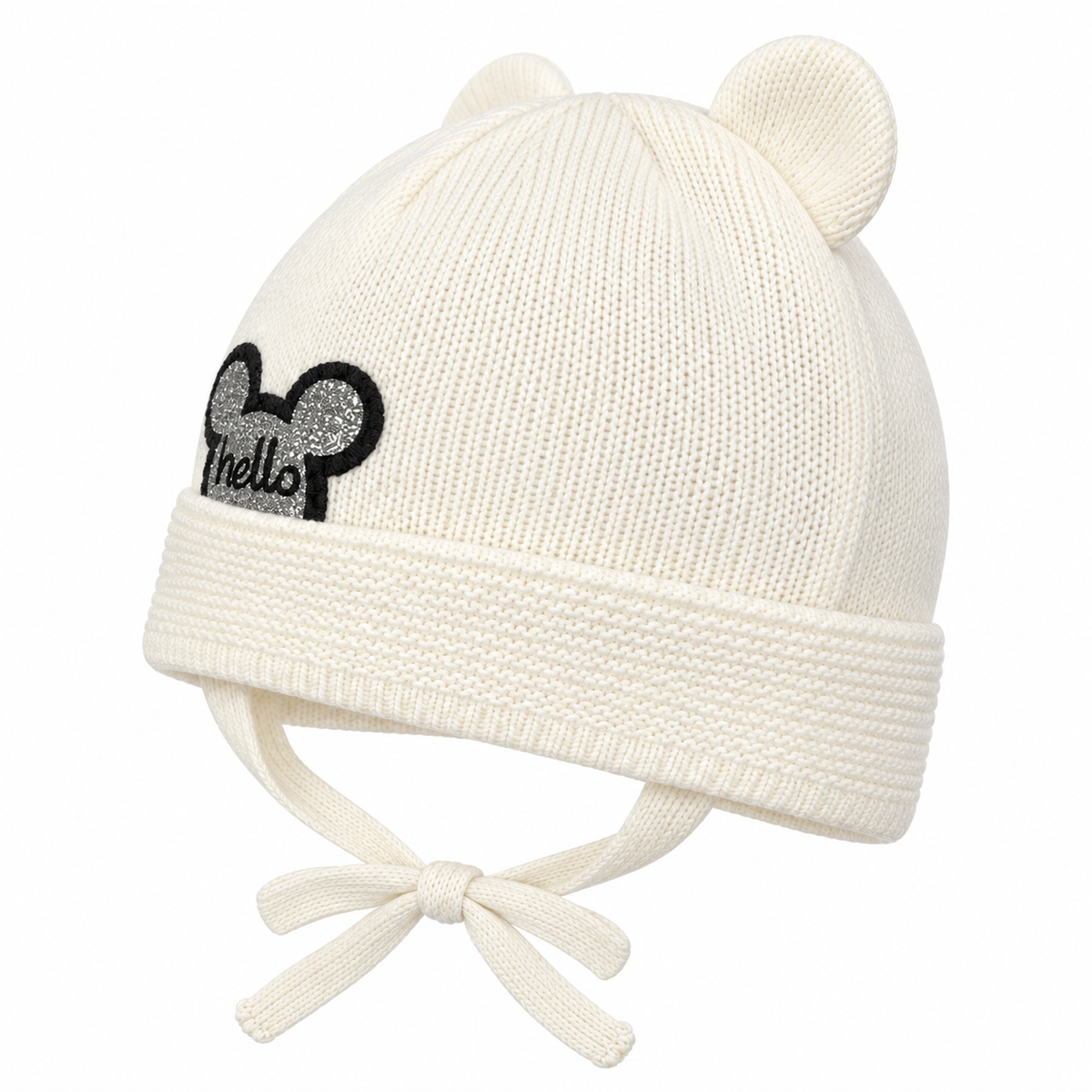 Cream knitted baby cap with bear ears and hello patch – angled side view