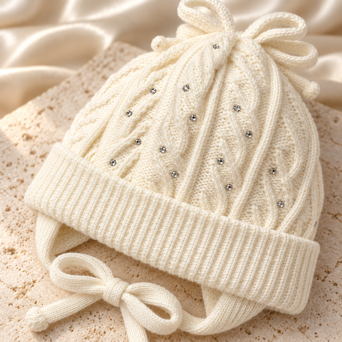 Cream knitted baby cap with cable pattern, rhinestones and ear flaps – angled side view