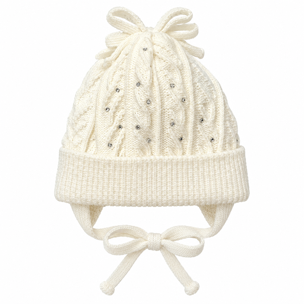 Cream cable-knit baby girl cap with rhinestones, knitted bow, ear flaps and tie strings – front view