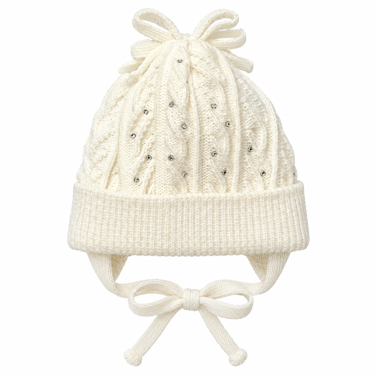 Cream cable-knit baby girl cap with rhinestones, knitted bow, ear flaps and tie strings – front view