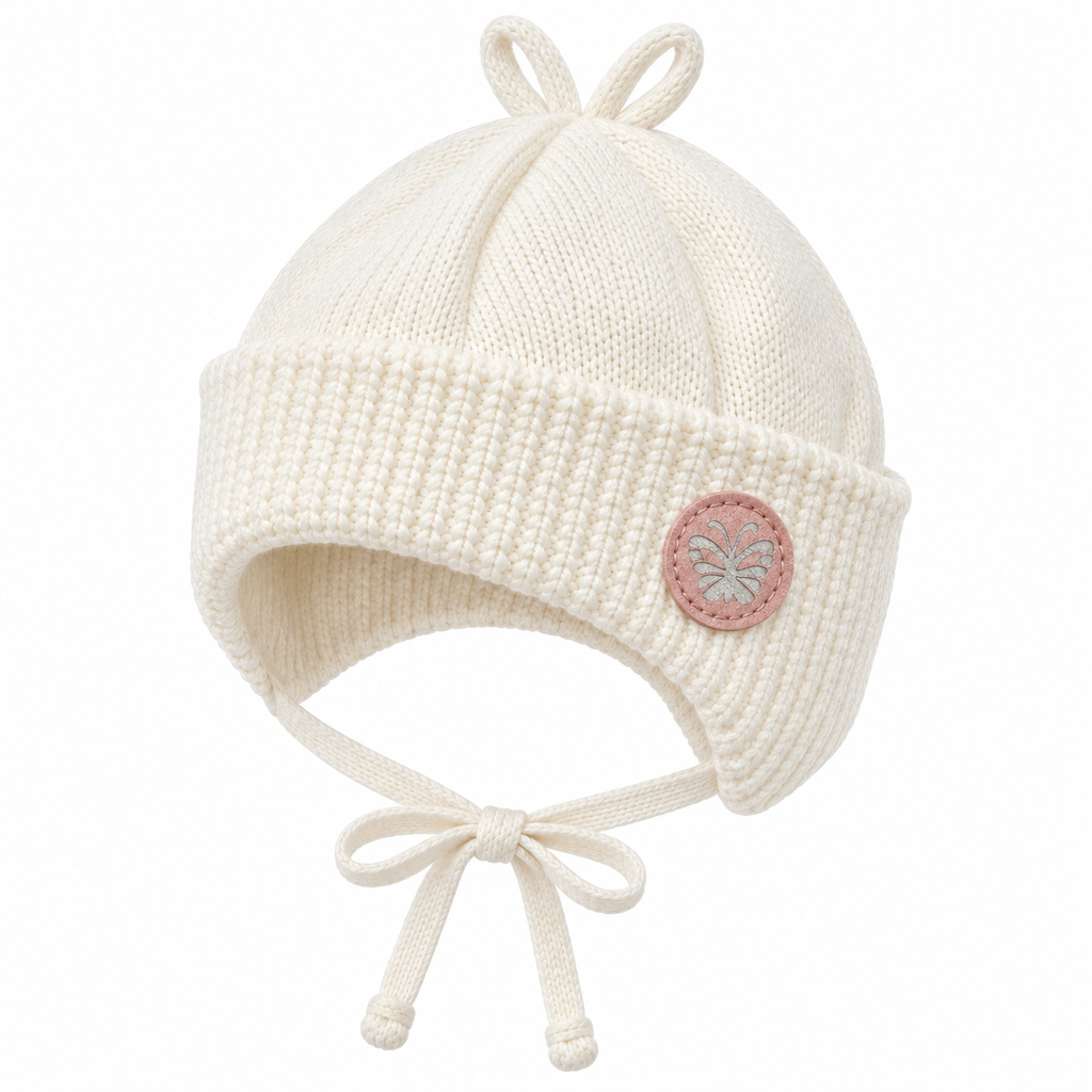 Cream knitted baby cap with butterfly patch and loop on top – angled view