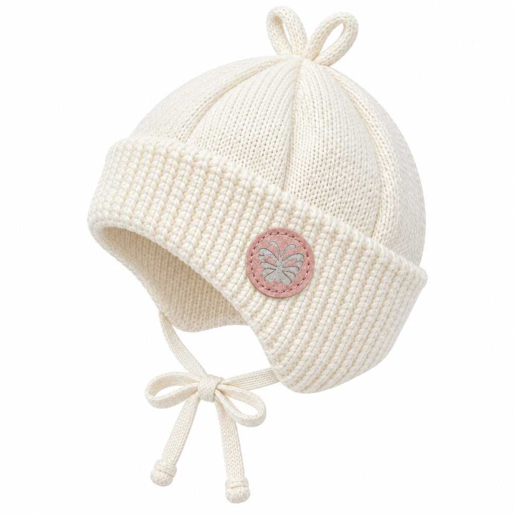 Cream knitted baby cap with butterfly patch, ear flaps and ties – side view
