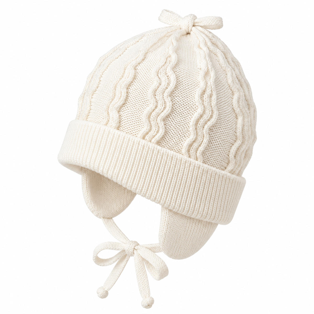 Cream knitted baby cap with wave pattern, ribbed cuff and ear flaps – side view