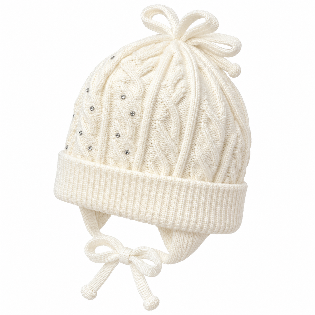 Close-up of the cable knit, rhinestones and knitted bow on a cream baby girl cap