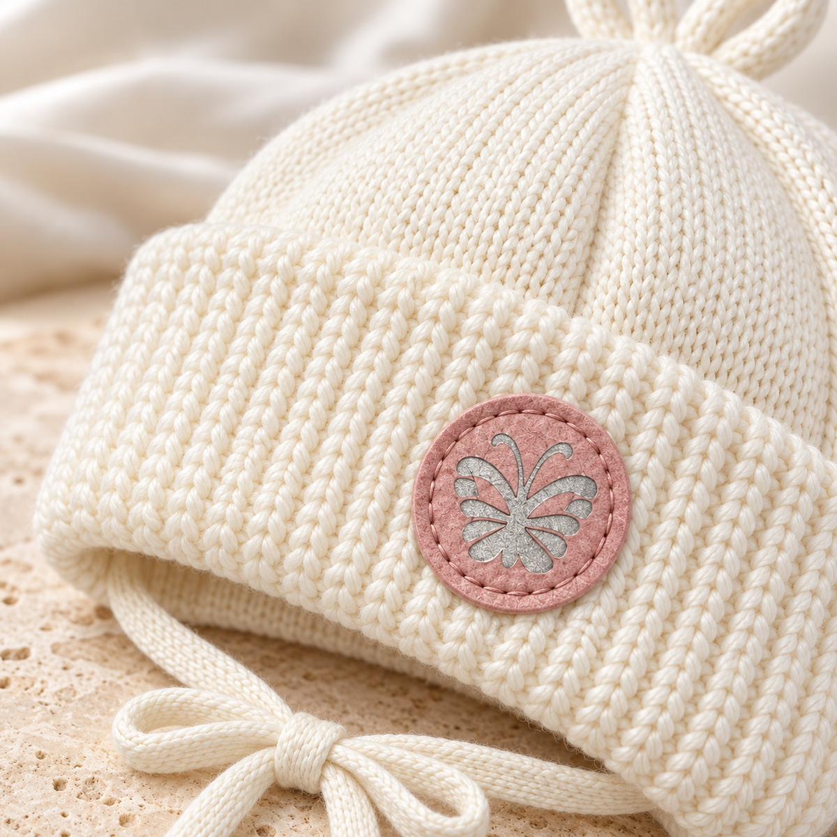 Close-up of the pink butterfly patch on the chunky knit cuff of a cream baby cap