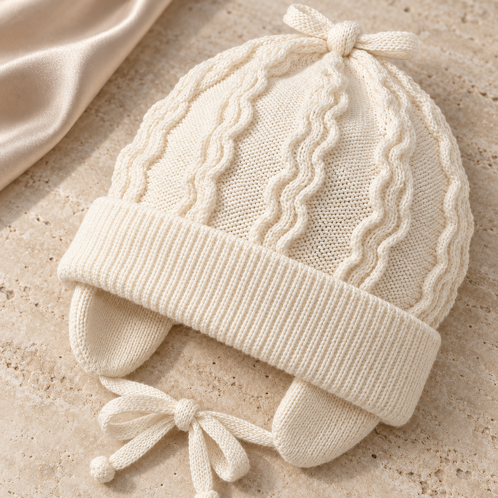 Cream wave-knit baby cap with bow ties lying on natural stone – knit detail
