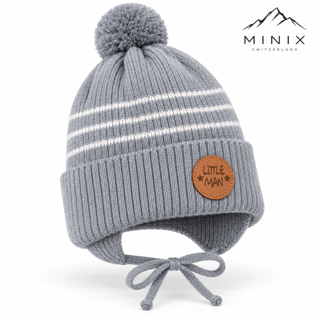 Grey ribbed knit baby boy cap with pompom and bow ties – angled view