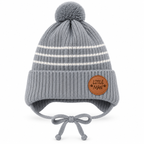 Grey ribbed knit baby boy cap with cream stripes, pompom, Little Man patch, ear flaps and tie strings – front view