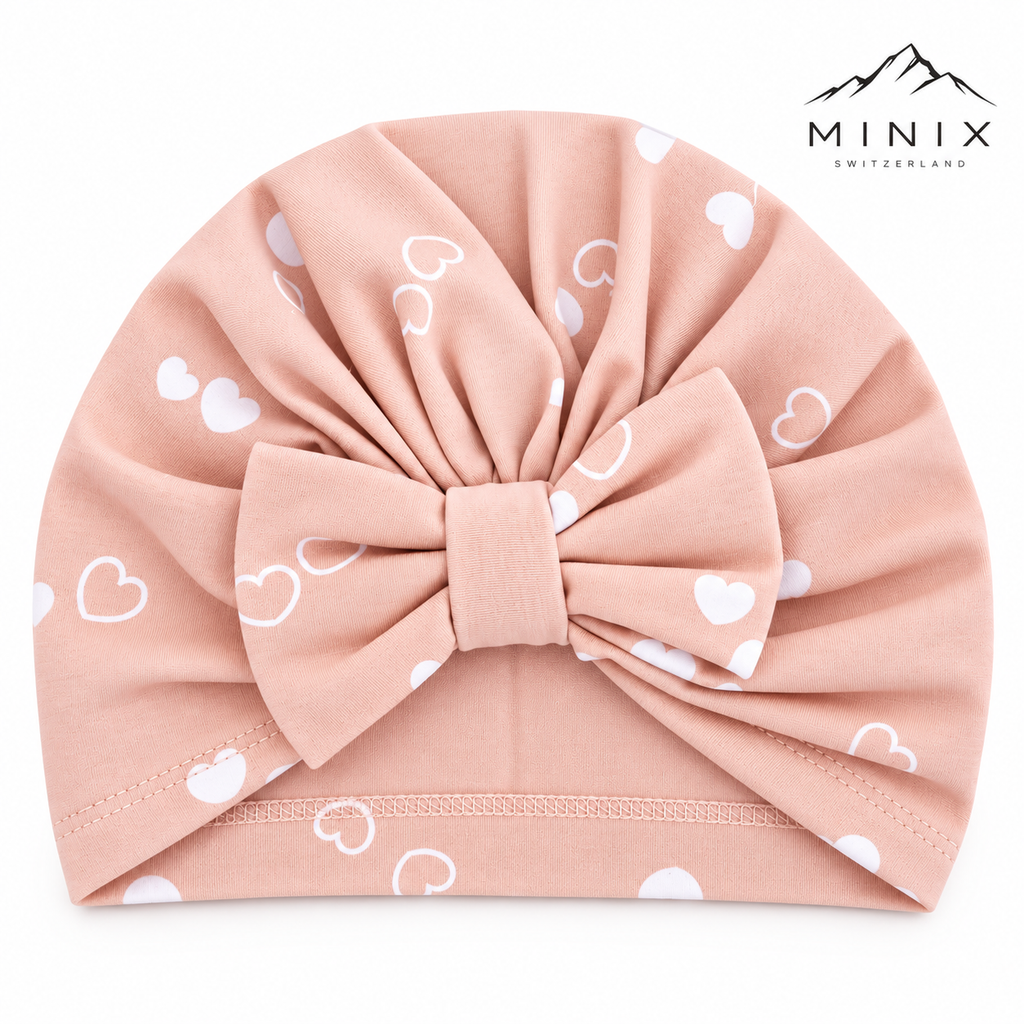 Girls turban cap with bow – pink hearts pattern, product shot