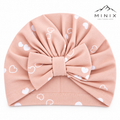 Girls turban cap with bow – pink hearts pattern, product shot