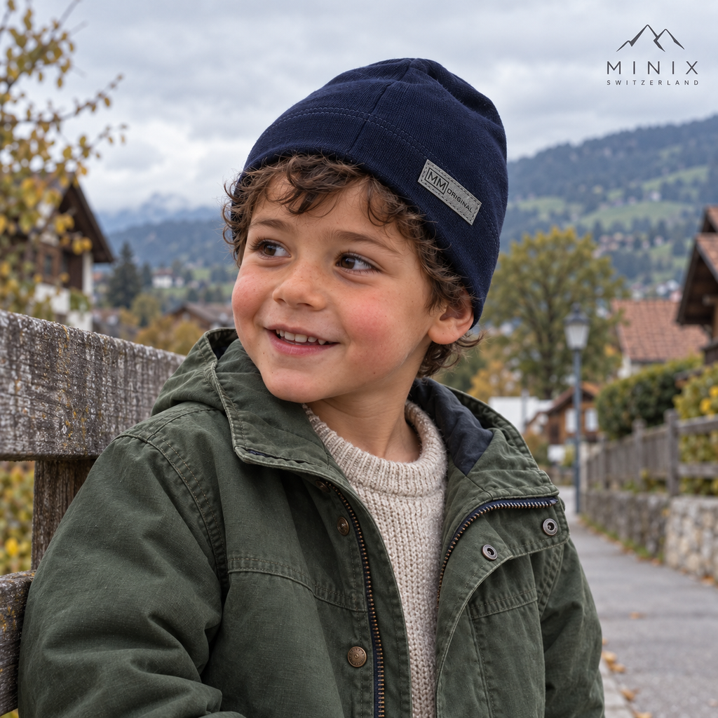 Smiling boy in a Swiss mountain village wearing a navy MINIX cotton beanie with grey label