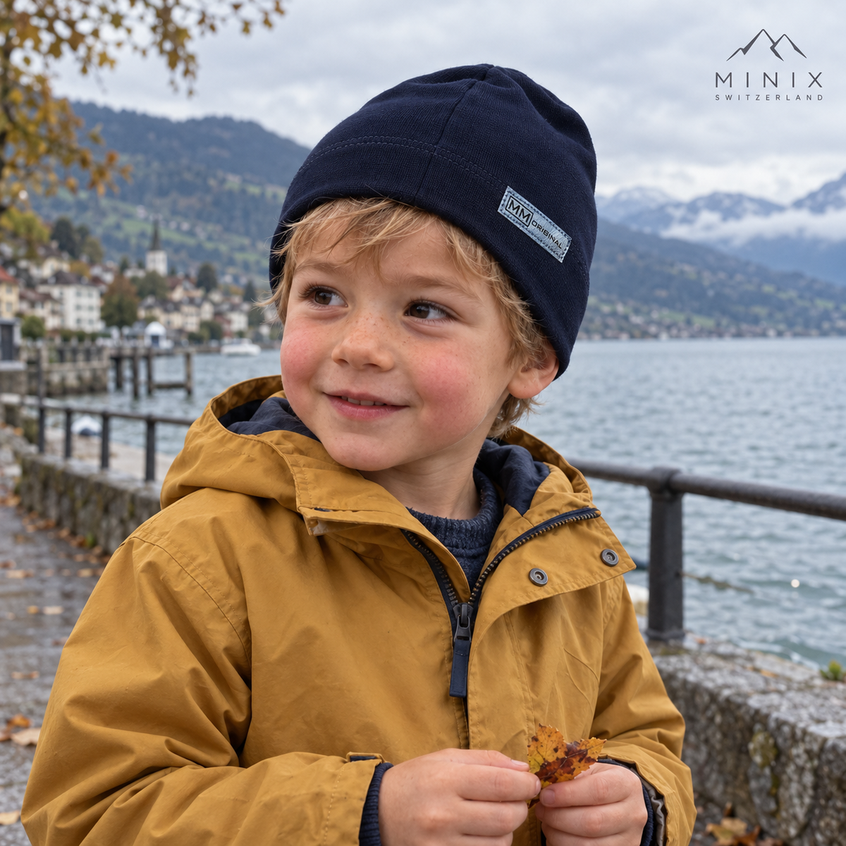 Smiling boy by a Swiss lake holding an autumn leaf, wearing a navy MINIX cotton beanie
