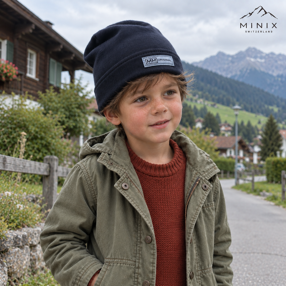 Boy in a Swiss mountain village wearing a black MINIX cotton beanie and green jacket