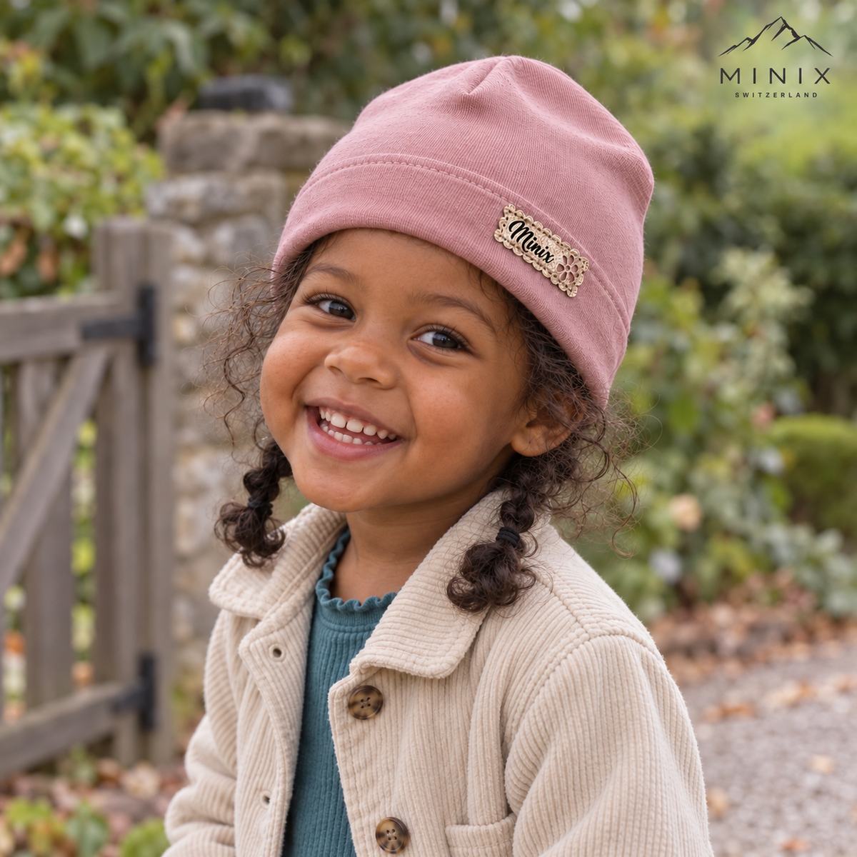 Child wearing the dusty rose MINIX cotton beanie with gold label