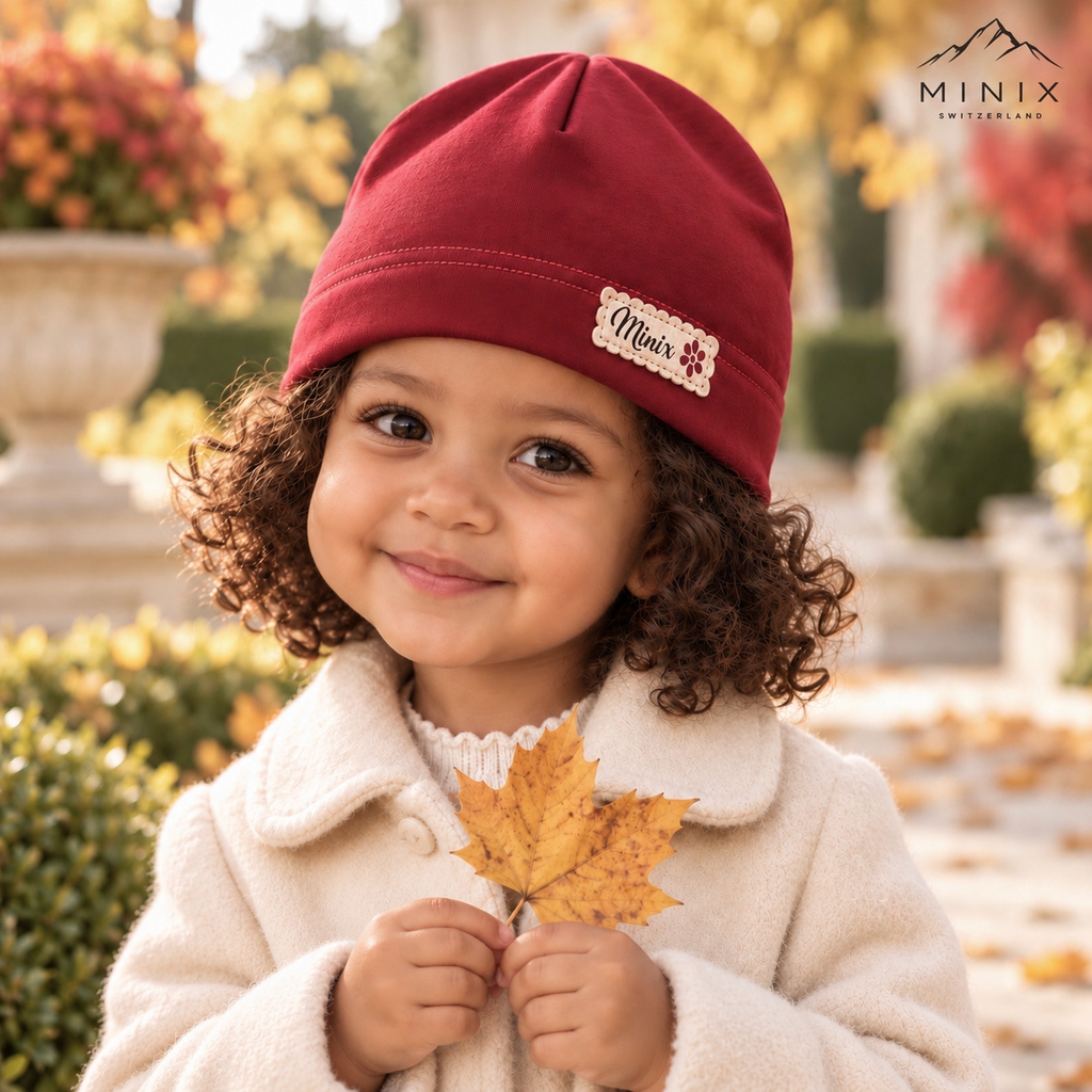 Child wearing the burgundy MINIX cotton beanie with scalloped label