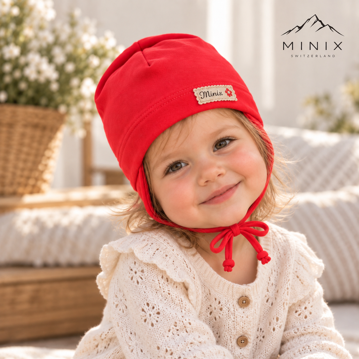 Child wearing a coral MINIX cotton cap with scalloped flower label