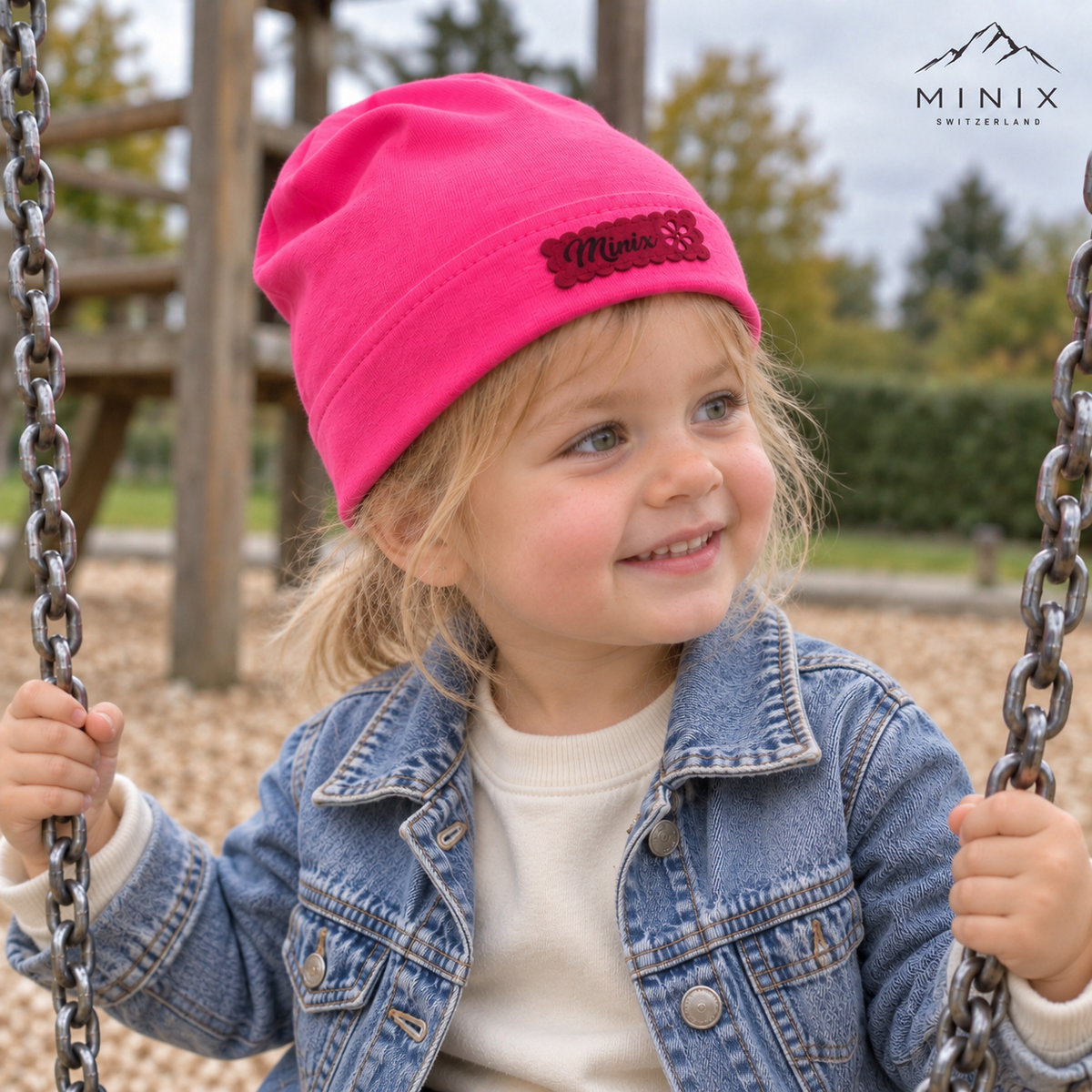 Child wearing the hot pink MINIX cotton beanie