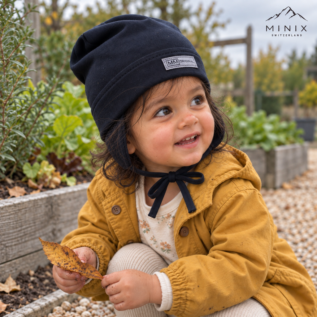 Child wearing the black MINIX cotton cap with ear flaps and tie strings