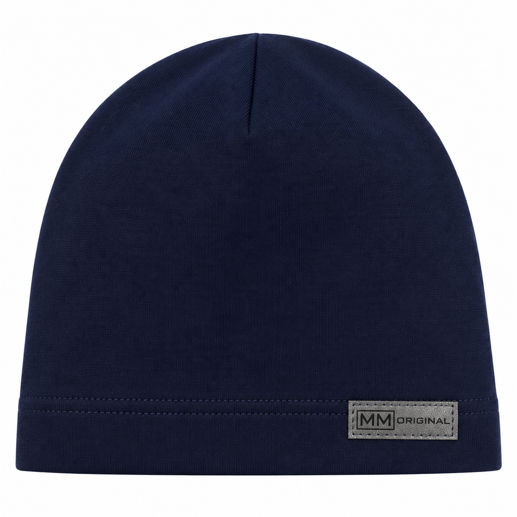 Navy kids cotton beanie with grey MM Original label – front view