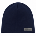Navy kids cotton beanie with grey MM Original label – front view