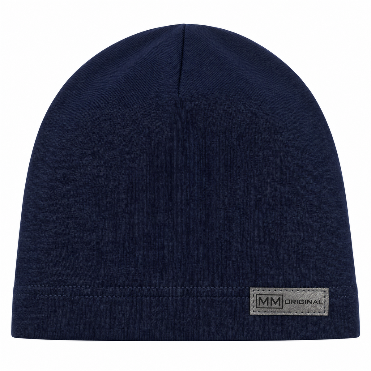 Navy kids cotton beanie with grey MM Original label – front view
