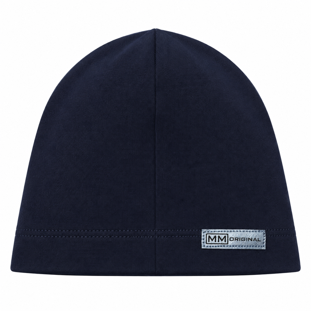 Navy kids cotton beanie with metallic MM Original label – front view