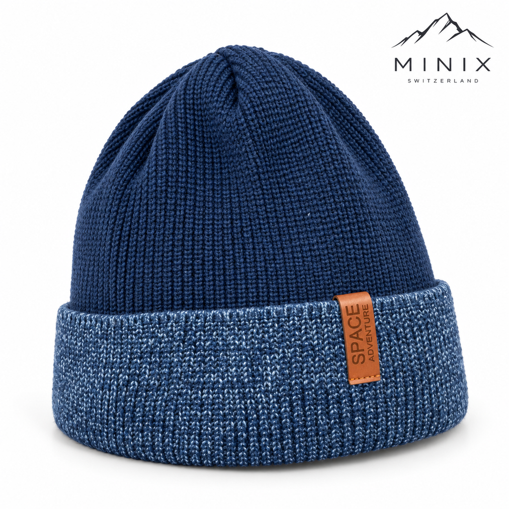 Navy knitted kids beanie with blue mélange cuff – angled view